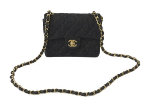 極美品 CHANEL シャネル ミニマトラッセ チェーン ショルダー バッグ デニム ブラック A01115 ゴールド 金具 中古 59611