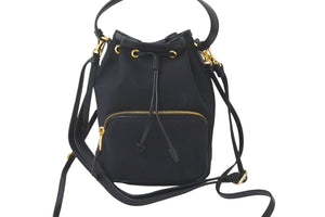 PRADA プラダ 2WAYハンドバッグ 巾着 ショルダーストラップ付き 1BH038 キャンバス レザー ブラック 美品 中古 59656