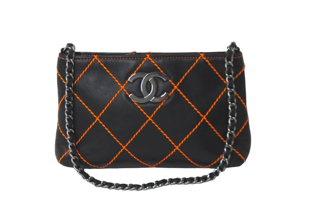 CHANEL シャネル ハンドバッグ ワイルドステッチ チェーン ココマーク 9番台 ブラック 蛍光 オレンジ シルバー金具 美品 中古 59668