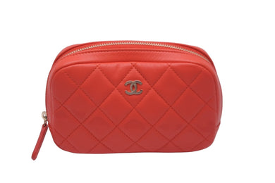 CHANEL シャネル ポーチ コスメポーチ トラベルポーチ マトラッセ ココマーク ラムスキン レッド 23005785 美品 中古 59691