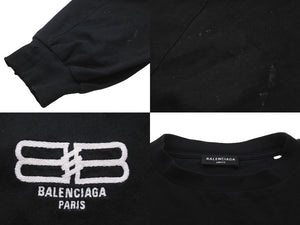 BALENCIAGA バレンシアガ 長袖Ｔシャツ 刺繍デザイン ダメージ加工 ブラック コットン サイズ4 PL32 699191 良品 中古 59769