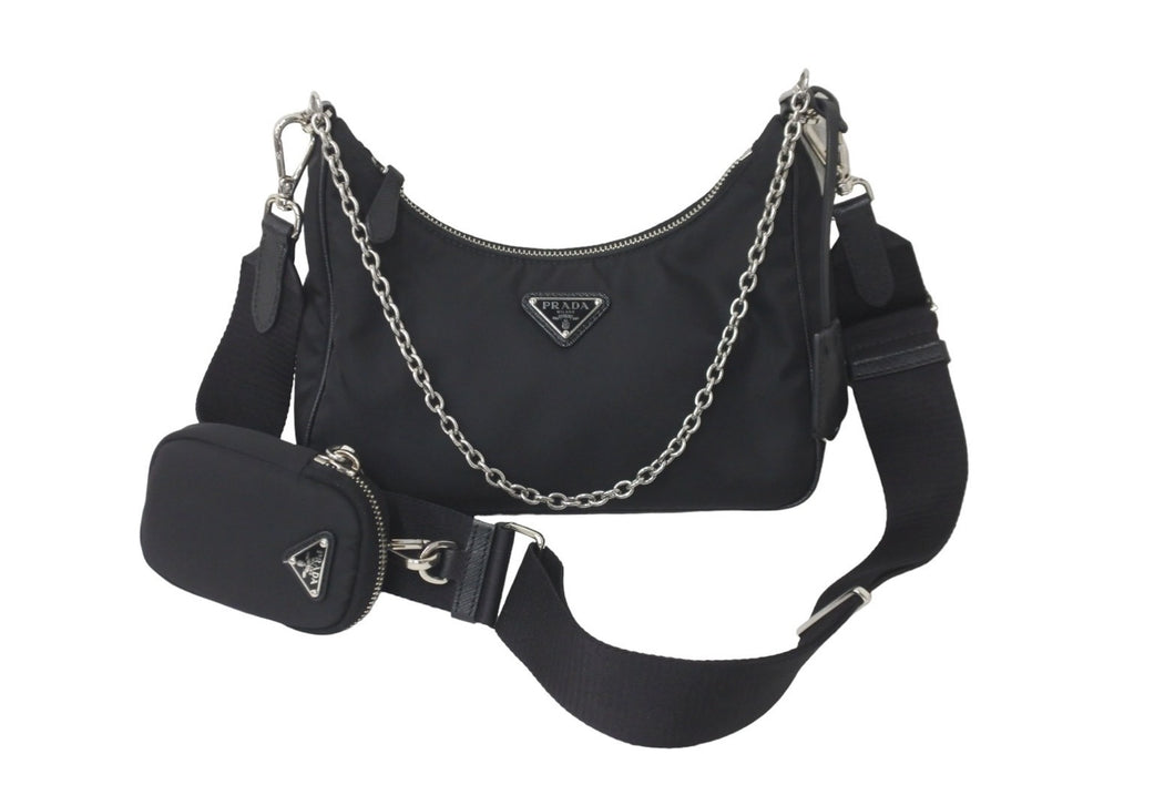PRADA プラダ ホーボー チェーン 2WAY ショルダーバッグ RE-EDITION 2005 ブラック ナイロン 1BH204 美品 中古 59811 