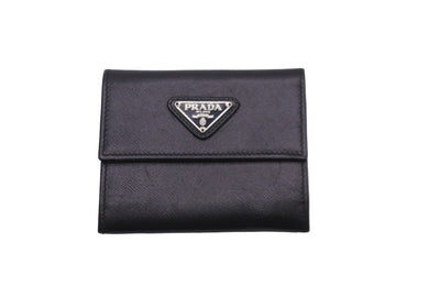 PRADA プラダ 二コインフォールケース トライアングルロゴ サフィアーノレザー ブラックシルバー金具 良好中古 59869 