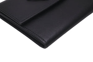 PRADA プラダ 二つ折りコインケース トライアングルロゴ サフィアーノレザー ブラック シルバー金具 良好 中古 59869
