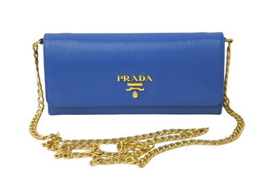 極美品 PRADA プラダ 長財布 チェーンショルダーストラップ付き サフィアーノルクス ブルエッテ 1BP290 ダークブルー 中古 59892 