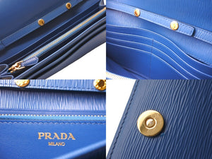 極美品 PRADA プラダ 長財布 チェーンショルダーストラップ付き サフィアーノルクス ブルエッテ 1BP290 ダークブルー 中古 59892 