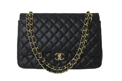 CHANEL シャネル Wフラップチェーンショルダーバッグ デカマトラッセ 33cm 16番台 ラムスキン ブラック ゴールド 美品 中古 59894