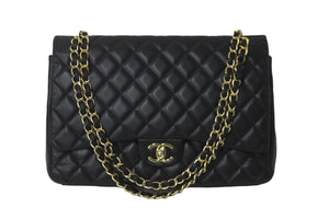 CHANEL シャネル Wフラップチェーンショルダーバッグ デカマトラッセ 33cm 16番台 ラムスキン ブラック ゴールド 美品 中古 59894