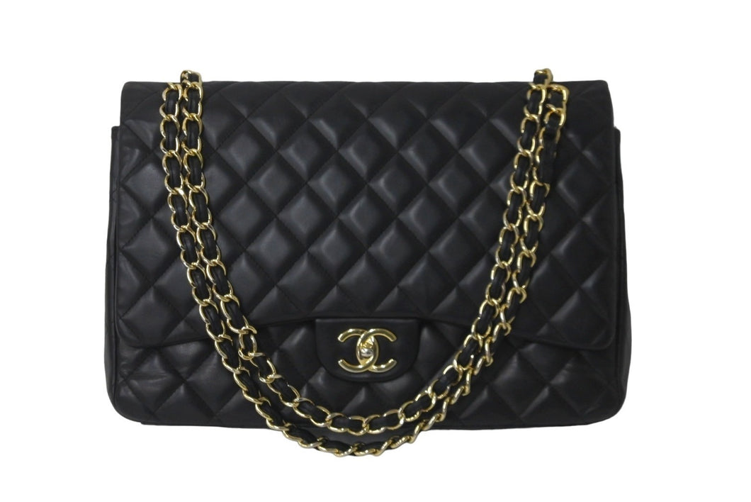 CHANEL シャネル Wフラップチェーンショルダーバッグ デカマトラッセ 33cm 16番台 ラムスキン ブラック ゴールド 美品 中古 59894