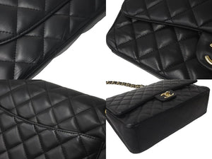 CHANEL シャネル Wフラップチェーンショルダーバッグ デカマトラッセ 33cm 16番台 ラムスキン ブラック ゴールド 美品 中古 59894