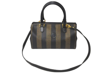 FENDI フェンディ ハンドバッグ ペカン柄 ストライプ PVC レザー ブラウン ブラック ゴールド金具 イタリア製 美品 中古 59906