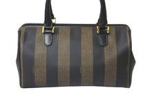 Load image into Gallery viewer, FENDI フェンディ ハンドバッグ ペカン柄 ストライプ PVC レザー ブラウン ブラック ゴールド金具 イタリア製 美品 中古 59906