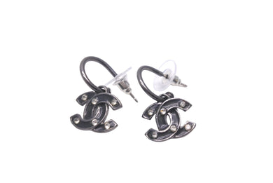 CHANEL シャネル ピアス ココマーク ラインストーン フープ ブラック 03A ガンメタ 美品 中古 59930