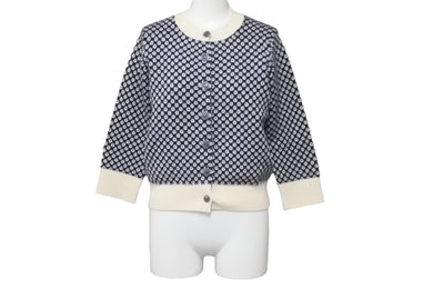 極美品 CHANEL シャネル カシミヤ カーディガン ホワイト ネイビー 総柄 ココマーク P47951K06141 サイズ36 中古 59960