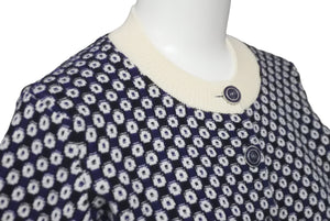 極美品 CHANEL シャネル カシミヤ カーディガン ホワイト ネイビー 総柄 ココマーク P47951K06141 サイズ36 中古 59960