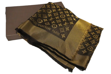 極美品 LOUIS VUITTON ルイ ヴィトン 大判ショール シルク メタル ウール混 モノグラム ブラウン ゴールド 中古 60356