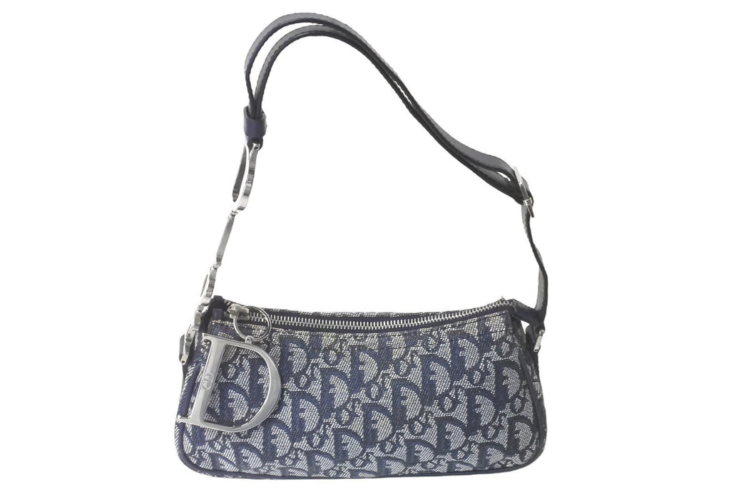 Christian Dior クリスチャンディオール ワンショルダー ハンドバッグ トロッター シルバー金具 ネイビー 美品 中古 60417