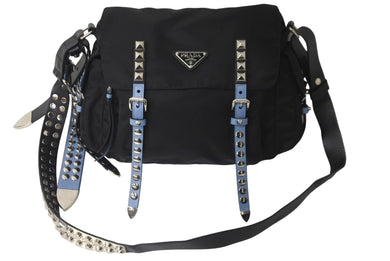 PRADA プラダ ナイロン スタッズショルダーバッグ ブラック トライアングルロゴ シルバー金具 レザー 1BD118 美品 中古 60418 