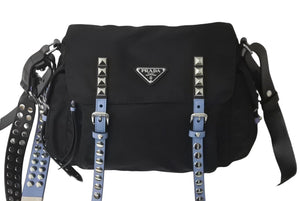 PRADA プラダ ナイロン スタッズショルダーバッグ ブラック トライアングルロゴ シルバー金具 レザー 1BD118 美品 中古 60418 