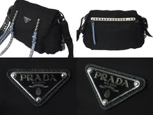 画像をギャラリービューアに読み込む, PRADA プラダ ナイロン スタッズショルダーバッグ ブラック トライアングルロゴ シルバー金具 レザー 1BD118 美品 中古 60418 