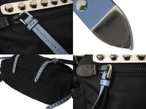 PRADA プラダ ナイロン スタッズショルダーバッグ ブラック トライアングルロゴ シルバー金具 レザー 1BD118 美品 中古 60418 