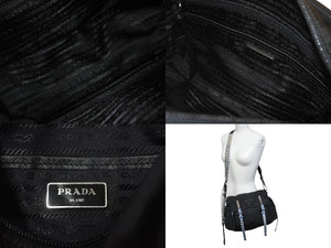 PRADA プラダ ナイロン スタッズショルダーバッグ ブラック トライアングルロゴ シルバー金具 レザー 1BD118 美品 中古 60418 