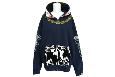 A BATHING APE アベイシングエイプ ホルスタイン フルジップアップパーカー コットン ネイビー 刺繍 サイズM 美品 中古 60541