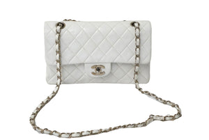 CHANEL シャネル チェーンショルダーバッグ Wフラップ マトラッセ 5番台 1998年 カーフ ホワイト シルバー金具 美品 中古 60597