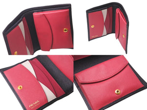 PRADA プラダ 二つ折り財布 SAFFIANO MULTIC ウォレット 1MV204 カーフスキン ブラック ピンク ゴールド金具 良品 中古 60844