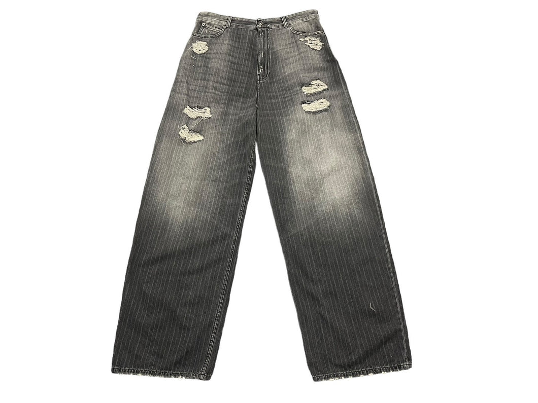 新品未使用 BALENCIAGA バレンシアガ ラージバギー デストロイ ピンストライプ デニムパンツ サイズL 675218 TJW77 中古 60928