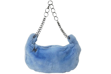 極美品 CHANEL シャネル チェーンショルダーバッグ ラビットファー ココマーク 7番台 2002年 ブルー シルバー金具 中古 60945