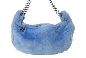 極美品 CHANEL シャネル チェーンショルダーバッグ ラビットファー ココマーク 7番台 2002年 ブルー シルバー金具 中古 60945