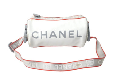 CHANEL シャネル スポーツライン ショルダーバッグ ドラム型 10番台 ナイロン キャンバス ホワイト グレー レッド 良品 中古 60980