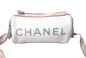 CHANEL シャネル スポーツライン ショルダーバッグ ドラム型 10番台 ナイロン キャンバス ホワイト グレー レッド 良品 中古 60980