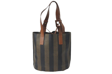 FENDI フェンディ トートバッグ バケツ型 ペカン柄 FFロゴ コーティングキャンバス レザー ブラウン ゴールド金具 美品 中古 61091 
