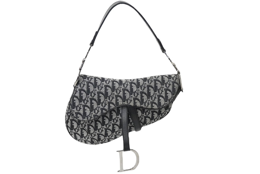 極美品 Christian Dior クリスチャンディオール ワンショルダーバッグ サドルバッグ トロッター柄 キャンバス ネイビー RU1012 中古 61109