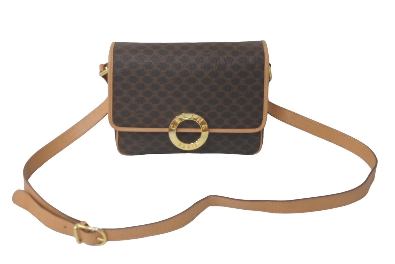 CELINE セリーヌ マカダム柄 サークルロゴ ショルダーバッグ ブラウン 