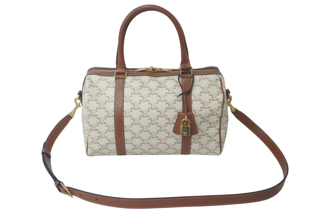 CELINE セリーヌ トリオンフ 2WAYハンドバッグ 19037 2CAS 01BC レザー ホワイト ブラウン ゴールド金具 良品 中古 61262