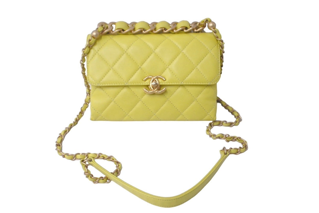 CHANEL シャネル マトラッセ 2WAY ショルダーバッグ ココマーク ラムスキン ランダム番号 イエロー ゴールド金具 美品 中古 61280