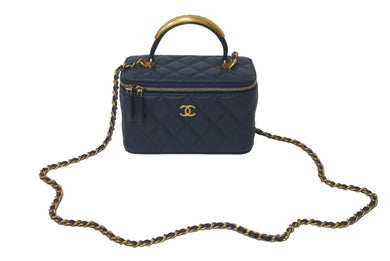 極美品 CHANEL シャネル バニティチェーンショルダーバッグ トップハンドル ランダム カーフ ネイビー ゴールド金具 中古 61398