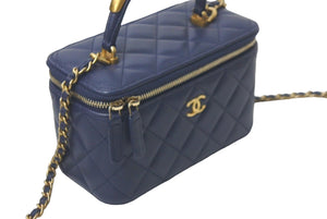 極美品 CHANEL シャネル バニティチェーンショルダーバッグ トップハンドル ランダム カーフ ネイビー ゴールド金具 中古 61398