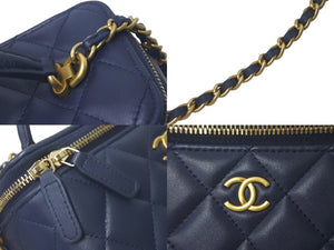 極美品 CHANEL シャネル バニティチェーンショルダーバッグ トップハンドル ランダム カーフ ネイビー ゴールド金具 中古 61398